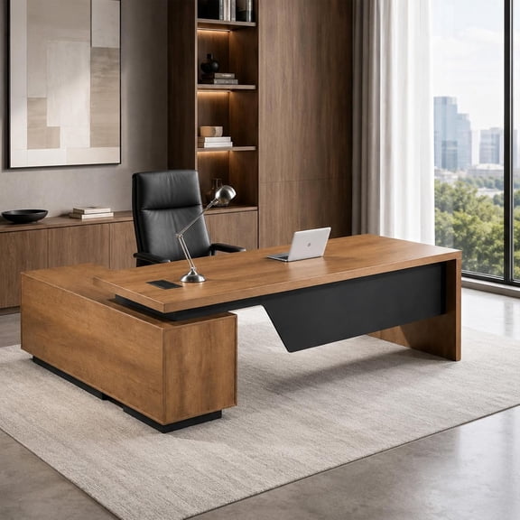 L Shaped Executive Desk with Power Outlet File Cabinets Drawer Cable Management(Right Return)