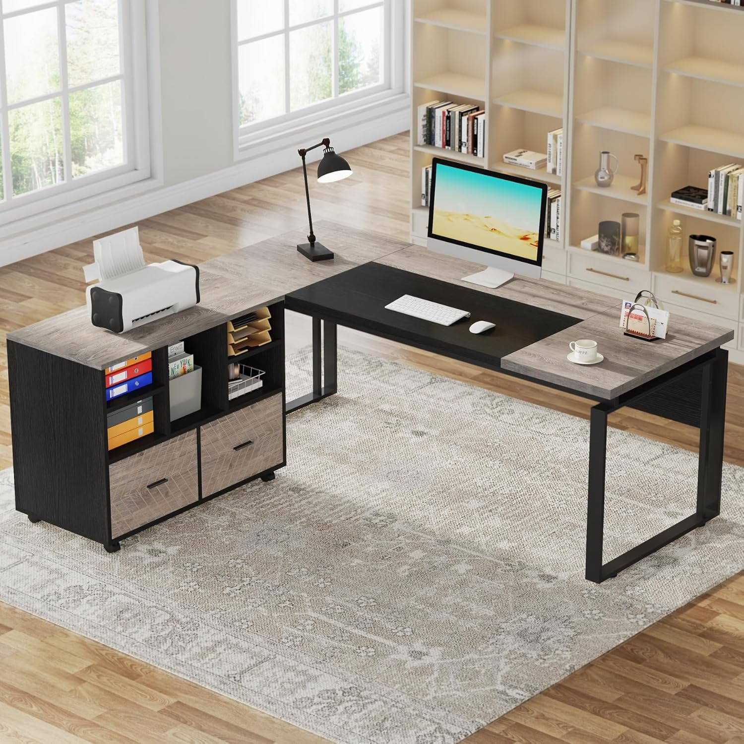 L-Shaped Executive Desk with Reversible File Cabinet, 3" Office Desk with Storage Drawers, Grey
