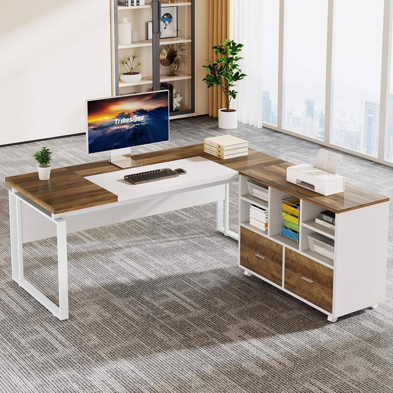 Tribesigns L-Shaped Executive Office Desk with Reversible File Cabinet