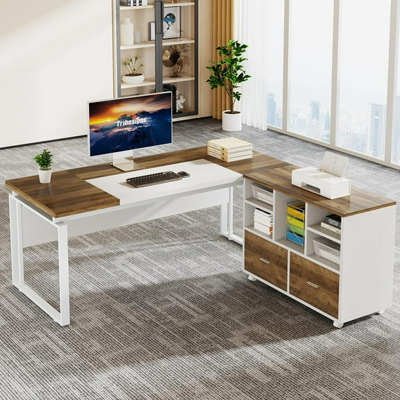 L-Shaped Executive Desk with Reversible File Cabinet, 3" Office Desk with Storage Drawers, ak Karo & White