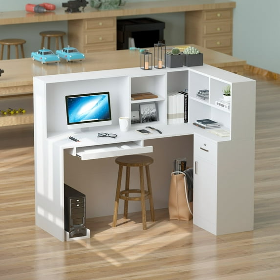 KULAGAGA L-Shaped Executive Office Desk with Lateral File Cabinet, Reception Computer Desk Reception Center Desk Bar Table Cash Register Counter ,White