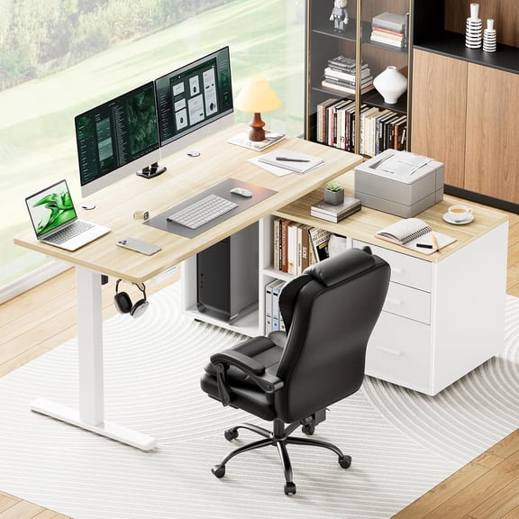 L-Shaped Executive Standing Desk with File Cabinet, 55" x 24" Electric Height Adjustable Stand Desk, One-Whole Piece Desktop, Home Office Modern Computer Deskwith 4 Memory Presets