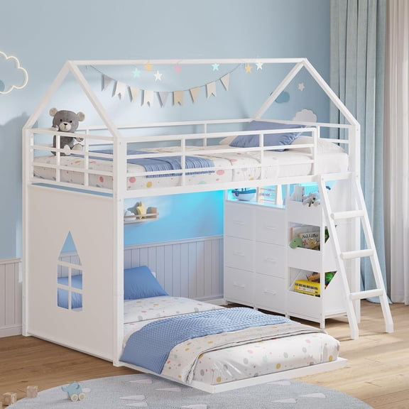 L-Shaped Floor Bunk Bed Twin Over Twin Size with 6 Storage Drawers and LED Lights, Low Bunk Bed Frame with Open Storage Box, Safety Guardrail & Ladder, House Shaped Twin Bunk Beds for 2 Teens, White