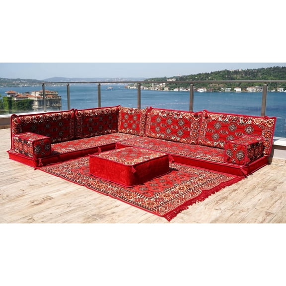 L Shaped Floor Cushion Seating, Convertible Red Corner Floor Pillows, Sleeper Sofa, Arabic Majlis, Full Size Futon, Floor Lounger, Diwan Sofa