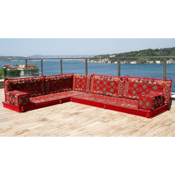 L Shaped Floor Cushion Seating, Convertible Red Corner Floor Pillows, Sleeper Sofa, Arabic Majlis, Full Size Futon, Floor Lounger, Diwan Sofa