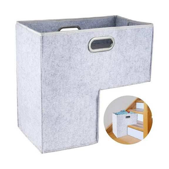 L-Shaped Folding Stair Basket, 16-Inch, Wooden Staircase Organizer, Home Decor (Black and Gray)