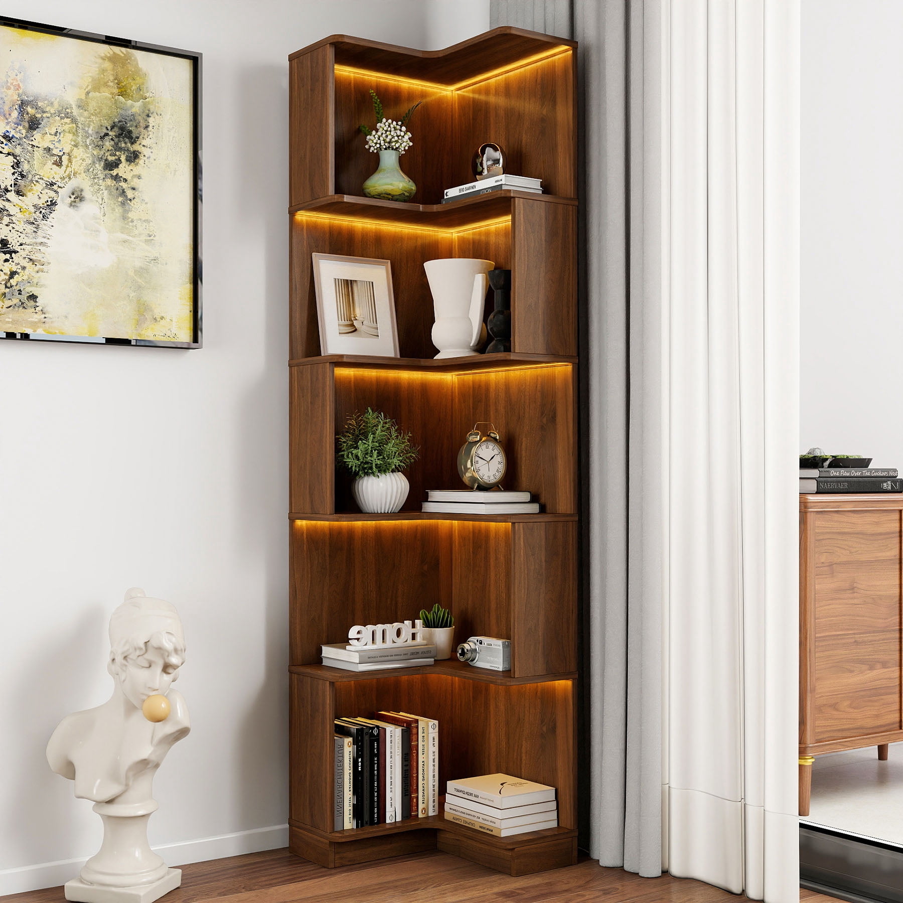 L Shaped Freestanding Corner Bookcase with Baffle and Built-In Led ...