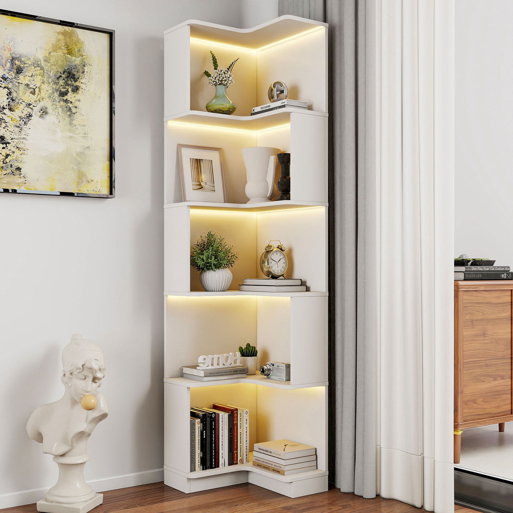 L Shaped Freestanding Corner Bookcase with Baffle and Built-In Led ...