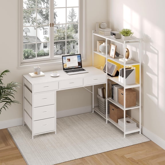 L Shaped Gaming Computer Desk with 6 Fabric Drawers, Corner Gaming Desk with Open Shelves, Home Office PC Table with Power Outlets & LED Lights, 58.3" l*54.3" h, White