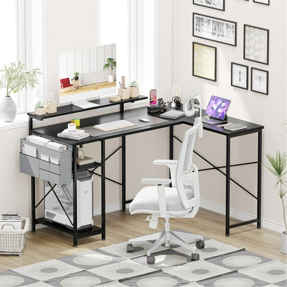 L-Shaped Gaming Computer Desk with Power Outlet & LED Strip, 54" Home Office Desk with Storage Bag & Monitor Shelf, Reversible Modern Simple Study Table, Corner Desk for Bedroom Studio Workstation