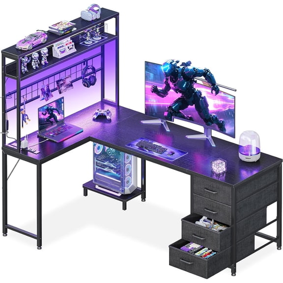 L Shaped Gaming Desk with 4 Drawers, 59" Reversible  Desk with Hutch and Shelves, Gamer Desk with LED Lights, Power Outlets,  Office Corner Desk with Gird Pegboard, Black