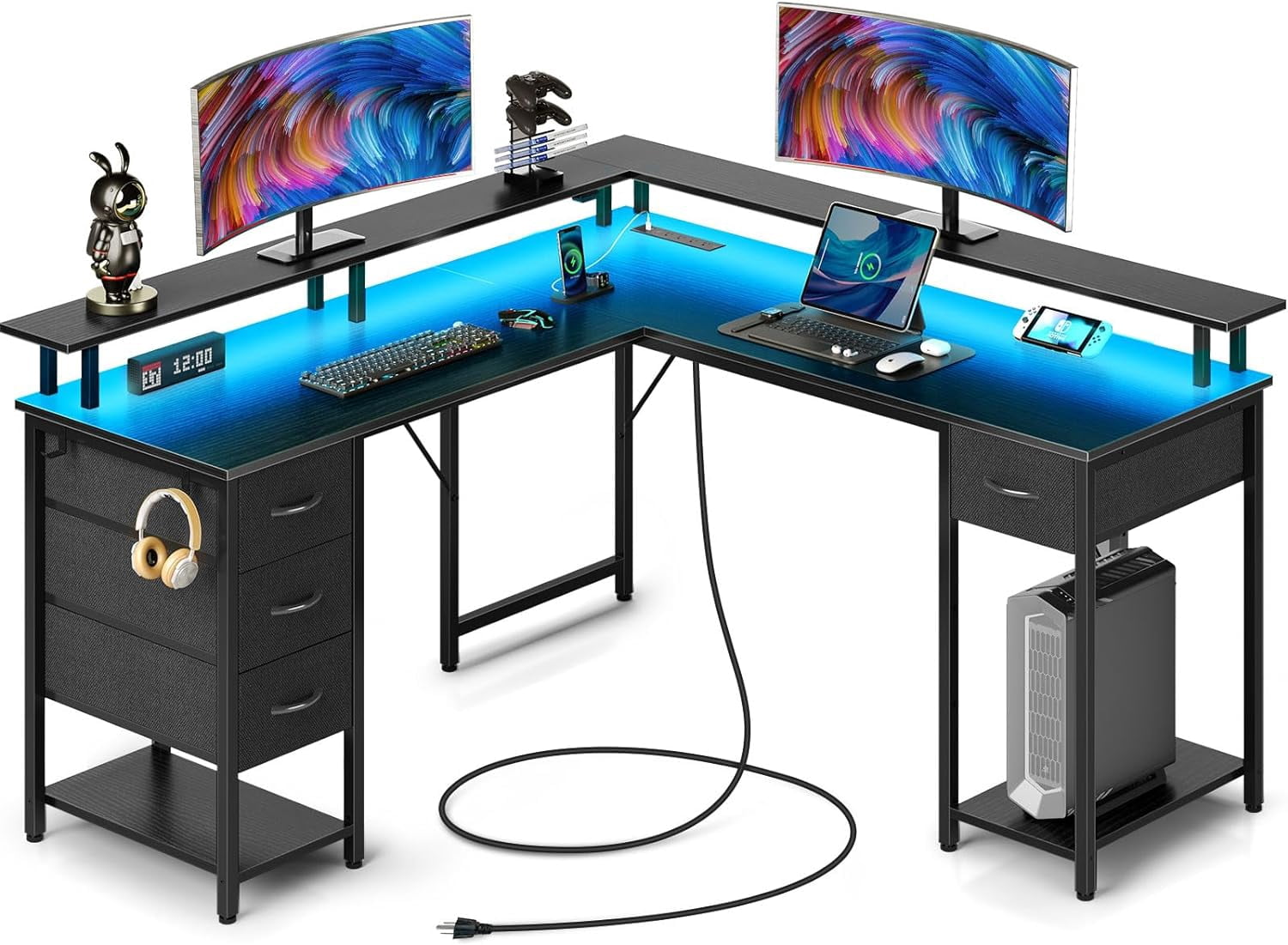 L Shaped Gaming Desk with 4 Drawers Computer Desk with LED Lights ...