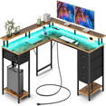 L Shaped Gaming Desk with 4 Drawers Computer Desk with LED Lights & Power Outlets Home Office