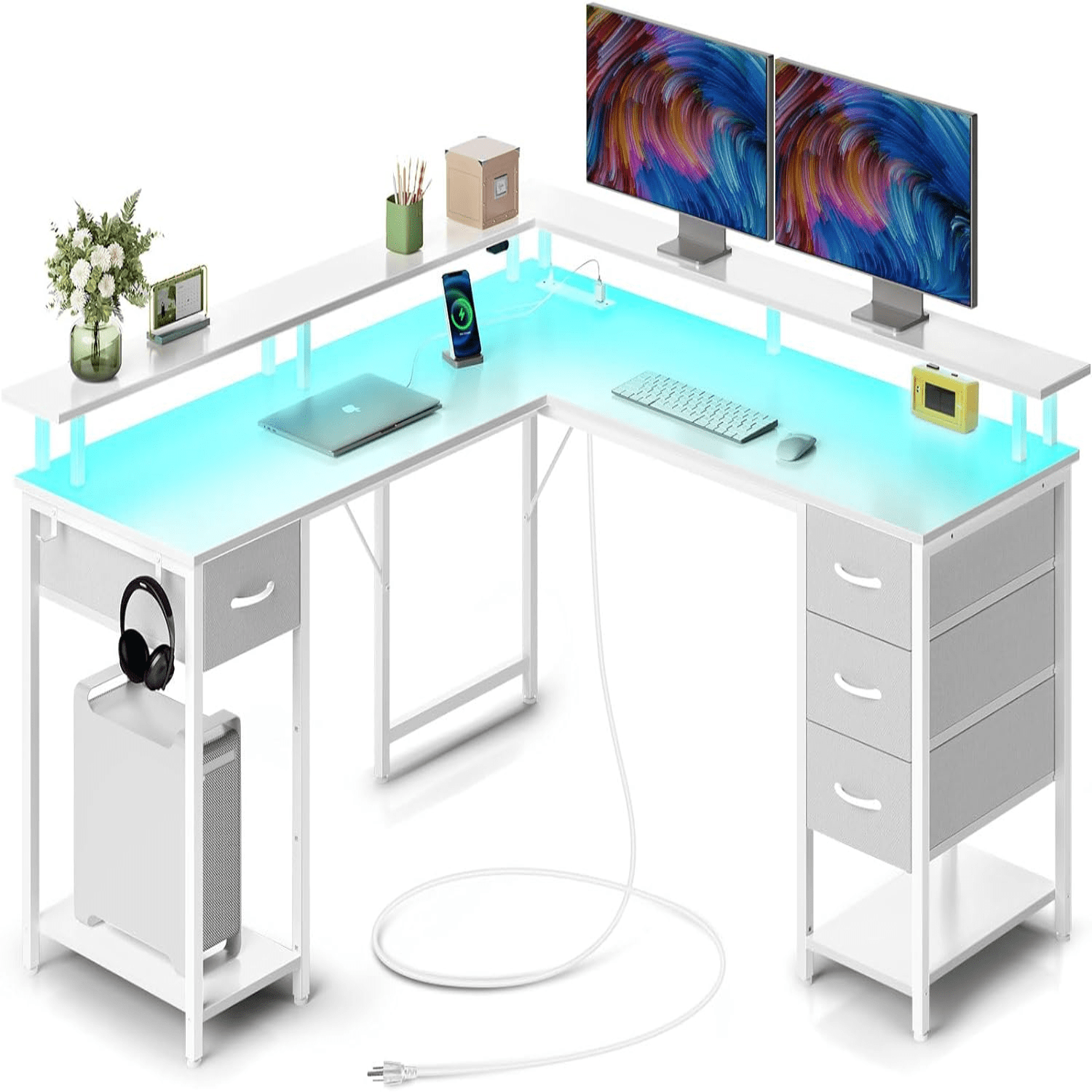 L Shaped Gaming Desk with 4 Drawers Computer Desk with LED Lights & Power Outlets Home Office
