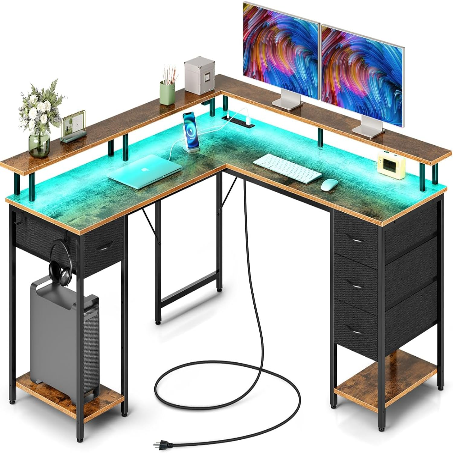 L Shaped Gaming Desk with 4 Drawers Computer Desk with LED Lights