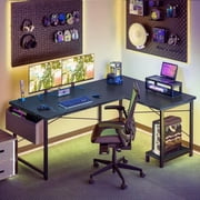 L Shaped Gaming Desk, 50 Inch Reversible Corner PC Work Table for Writing Study, Wood Tabletop and Metal Frame, CPU Stand Side Bag for Home Office Small Space, Black