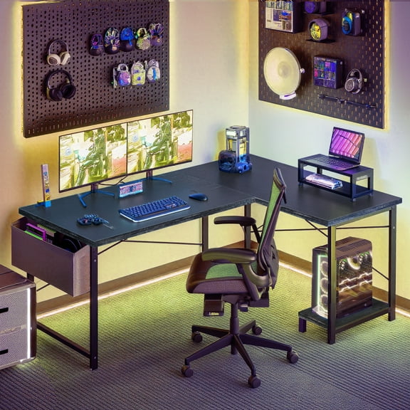 L Shaped Gaming Desk, 50 Inch Reversible Corner PC Work Table for Writing Study, Wood Tabletop and Metal Frame, CPU Stand Side Bag for Home Office Small Space, Black