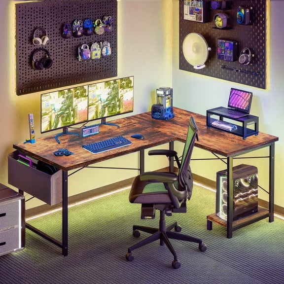 L Shaped Gaming Desk, 50 Inch Reversible Corner PC Work Table for Writing Study, Wood Tabletop and Metal Frame, CPU Stand Side Bag for Home Office Small Space, Brown