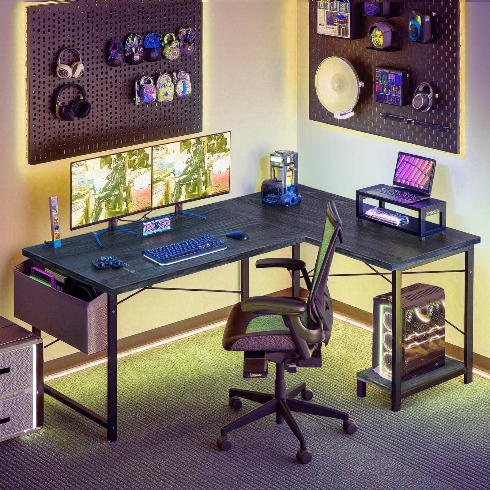 L Shaped Gaming Desk, 50 Inch Reversible Corner PC Work Table for Writing Study, Wood Tabletop and Metal Frame, CPU Stand Side Bag for Home Office Small Space, Gray