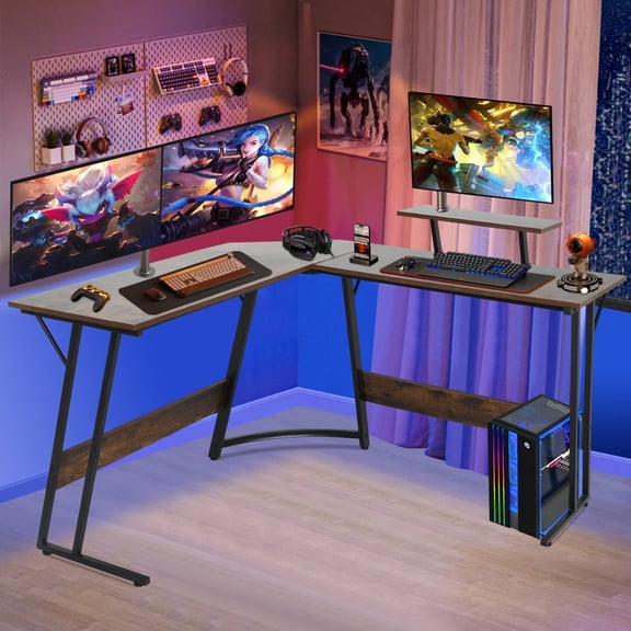 L-Shaped Gaming Desk 50 Inches Corner Computer Desk, Home Office Desk with Large Desktop Gaming Table for Home and Work Place,Brown