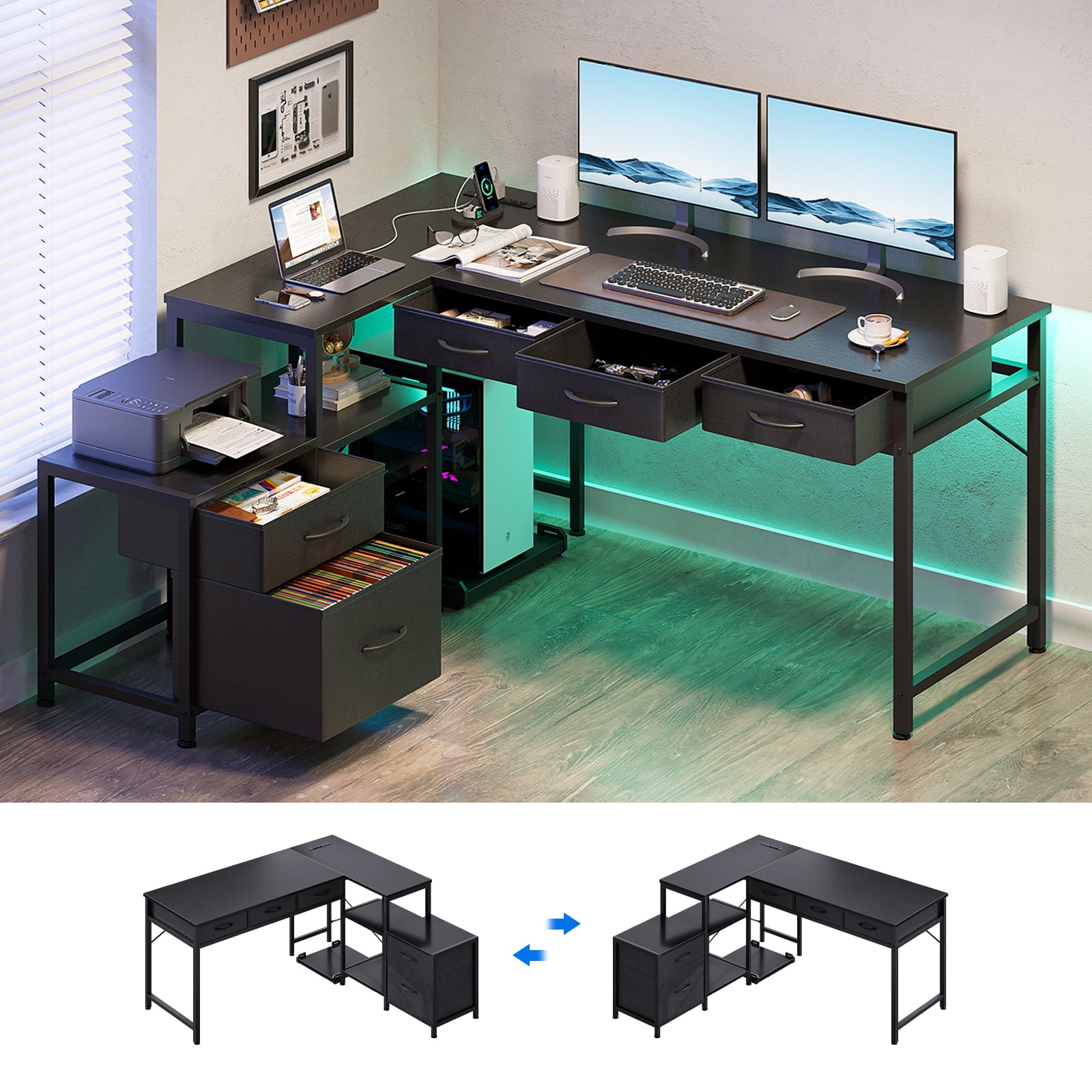 L Shaped Gaming Desk, 53" Reversible Home Office Desk with File Drawer