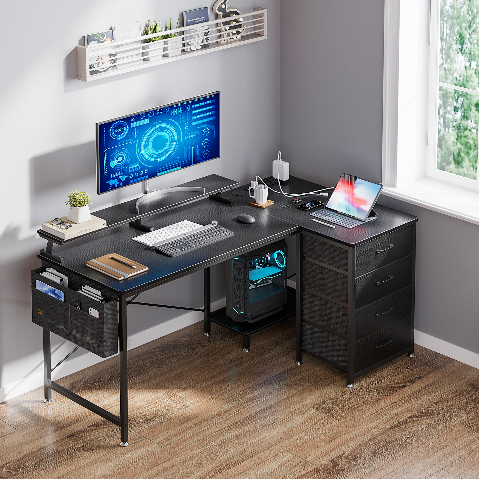 Shelf　Office,　with　Power　Home　Modern　Port,　for　Computer　55　Corner　Writing　Monitor　with　Drawer　4-Tier　Desk,　Desk　Desk　Gaming　Black　USB　Outlet　inch　Shaped　L　Charging