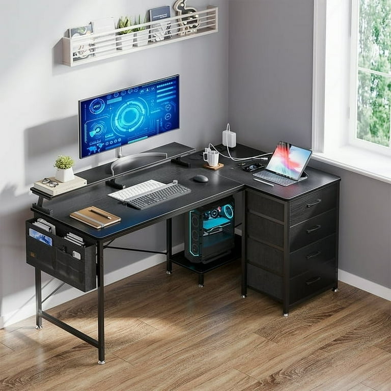 L Shaped Gaming Desk 55 inch Corner Computer Desk with Power Outlet USB Charging Port Modern Writing Desk with 4 Tier Drawer Monitor Shelf for