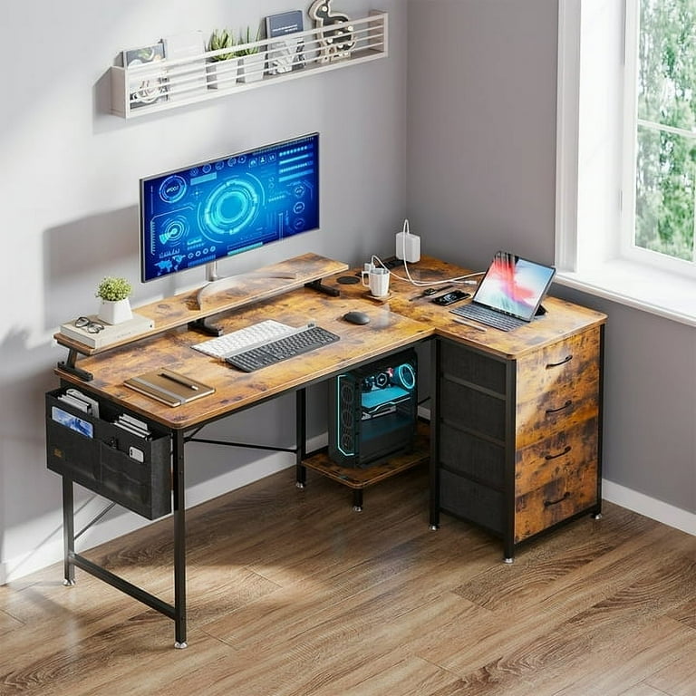 L Shaped Gaming Desk 55 inch Corner Computer Desk with Power Outlet USB Charging Port Modern Writing Desk with 4 Tier Drawer Monitor Shelf for