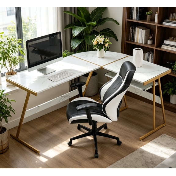 L Shaped Gaming Desk, 58" Modern Corner Computer Desk with Keyboard Tray & CPU Stand for Small Spaces, Home Office & Living Room (White & Gold)