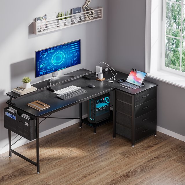 L Shaped Gaming Desk, 63 inch Corner Computer Desk with Power Outlet