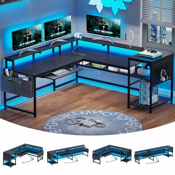 L Shaped Gaming Desk 96" Reversible Computer Desk with Power Outlets