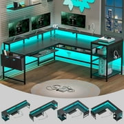 L Shaped Gaming Desk 96" Reversible Computer Desk with Power Outlets&LED Strip&Keyboard Tray for Home Office, Black