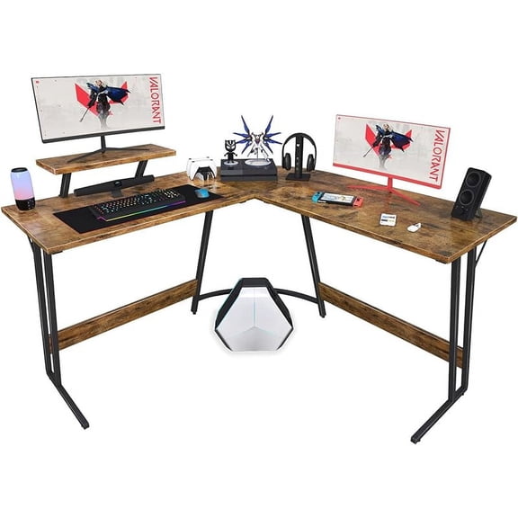 L Shaped Gaming Desk Computer Corner Desk PC Gaming Desk Table with Large Monitor Riser Stand for Home Office Sturdy Writing Workstation (Black, 51 Inch)