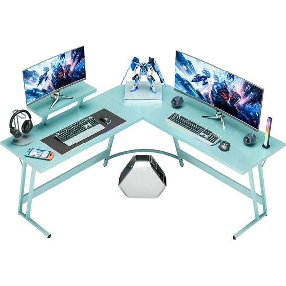 L Shaped Gaming Desk Computer Corner Desk PC Gaming Desk Table with Large Monitor Riser Stand for Home Office Sturdy Writing Workstation (Blue, 51 Inch)