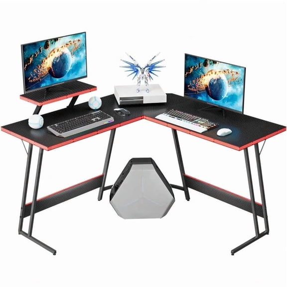 L Shaped Gaming Desk Computer Corner PC Desk Table With Large Monitor Riser Stand For Home Office Sturdy Writing Workstation (Black, 47 Inch)