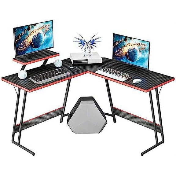 L Shaped Gaming Desk Computer Corner PC Desk Table with Large Monitor Riser Stand for Home Office Sturdy Writing Workstation (Black, 47 Inch)