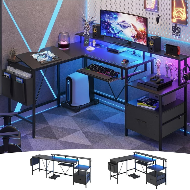 L Shaped Gaming Desk Drafting Table with Storage Reversible Corner Computer Desk with Power Outlet LED Lights Adjustable Plate CPU Stand for Home