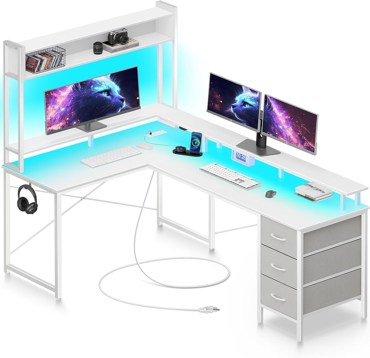 L Shaped Gaming Desk with Drawers Reversible Computer Desk with LED