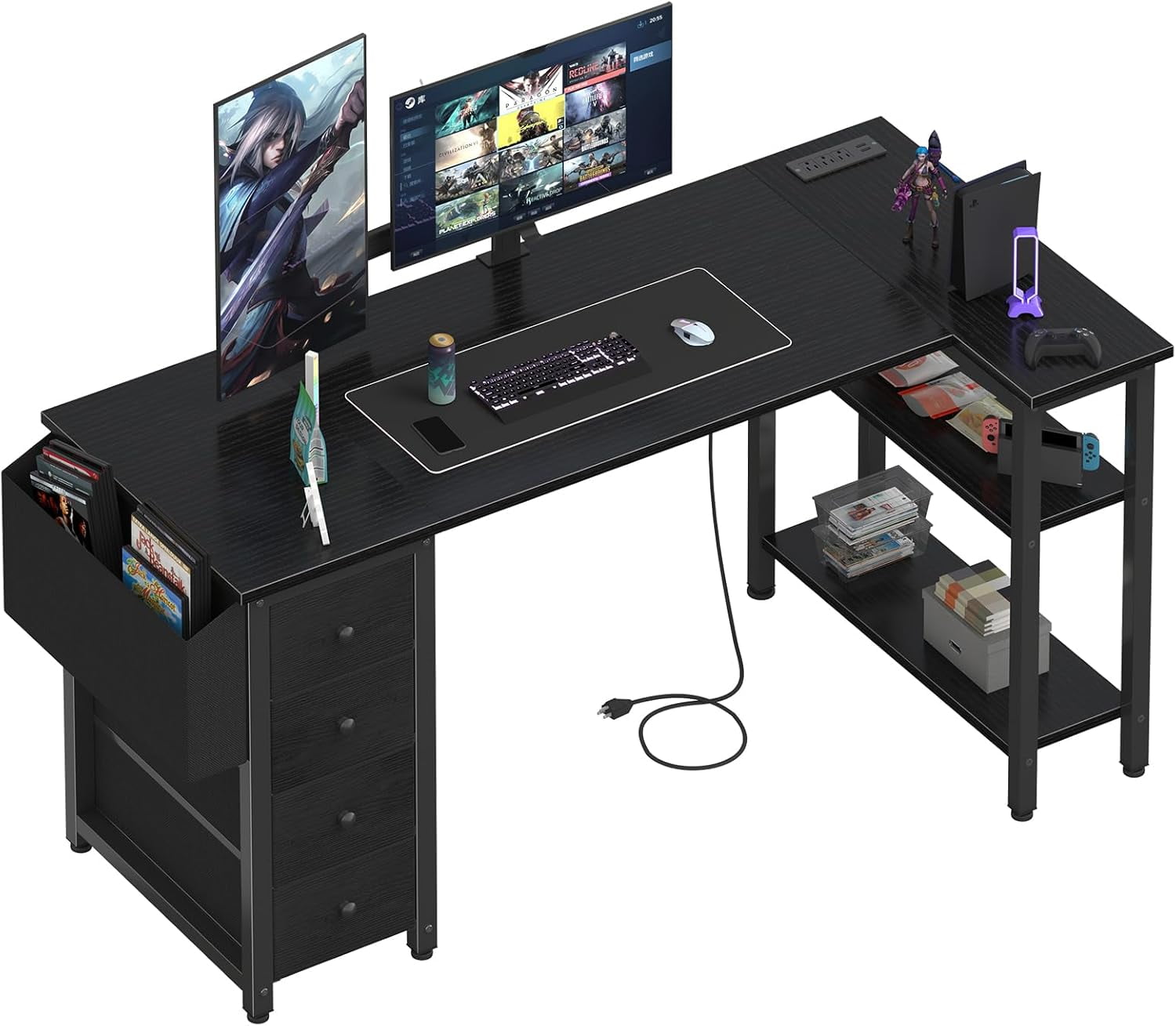 DLisiting White L Shaped Computer Desk With Power Outlet Shelves, 40 I - View #4