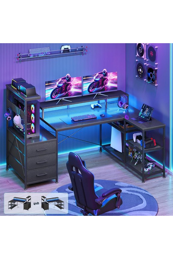 L Shaped Gaming Desk with Drawers & Storage Shelves, Corner Gaming Desk with Power Outlets & LED Light, Reversible Computer Desk with Monitor Stand & Hooks, Carbon Fiber Black