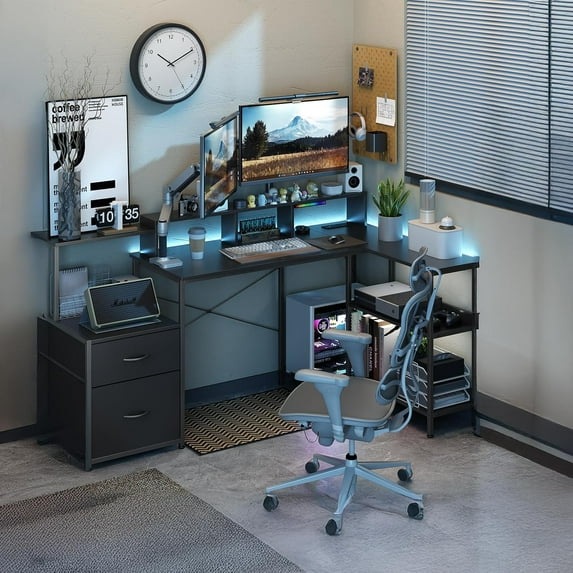 L Shaped Gaming Desk with File Drawer, 67" Reversible L Shaped Computer Desk with Power Outlet & LED Lights, Home Office Desk with Storage Shelves and Monitor Stand Corner Desk, Black