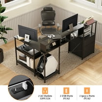 L Shaped Gaming Desk with File Drawer, 73" Reversible L Shaped Computer Desk with Power Outlet & LED Lights, Storage Shelves and Monitor Stand Corner Desk BLACK