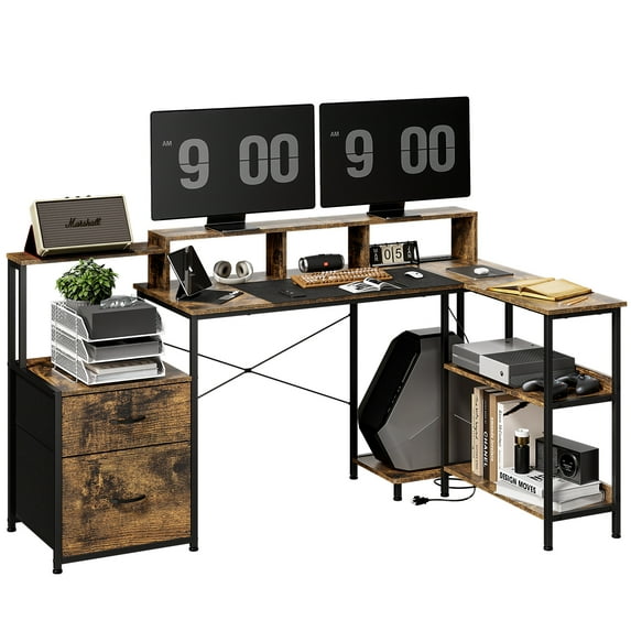 L Shaped Gaming Desk with File Drawer, 73" Reversible L Shaped Computer Desk with Power Outlet & LED Lights, Storage Shelves and Monitor Stand Corner Desk RUSTIC BROWN