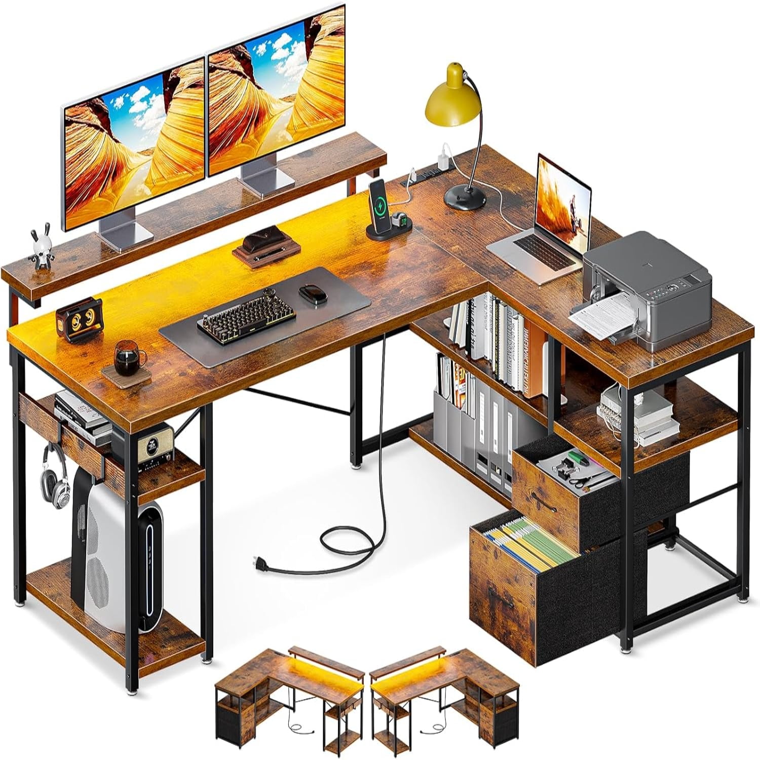 L Shaped Gaming Desk with File Drawers Reversible Computer Desk with