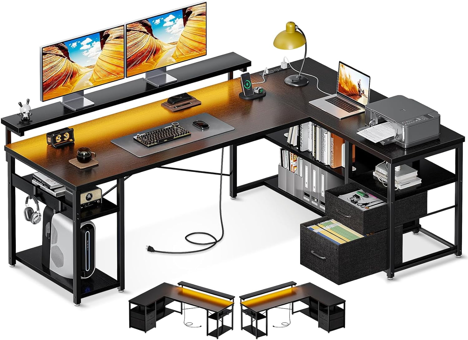 L Shaped Gaming Desk with File Drawers Reversible Computer Desk with
