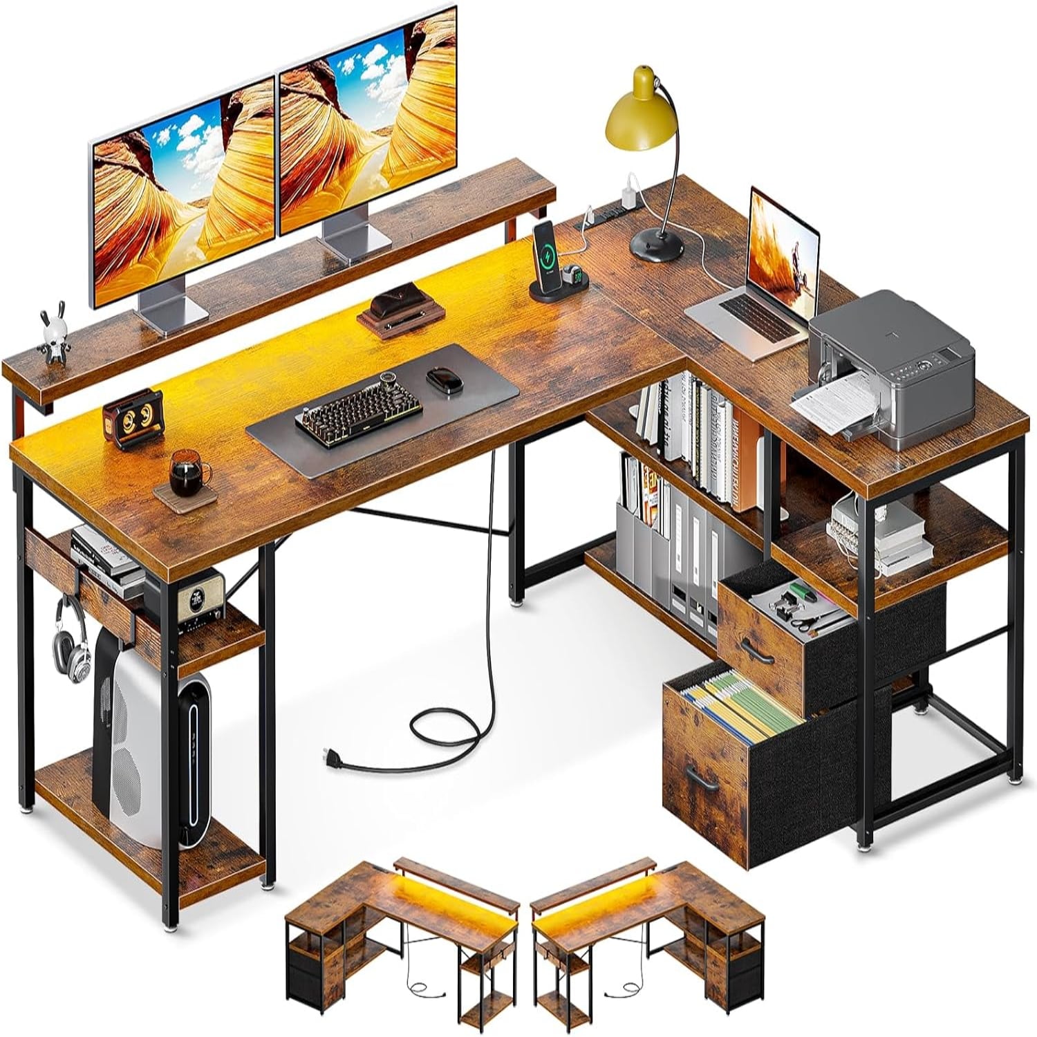 L Shaped Gaming Desk with File Drawers Reversible Computer Desk with