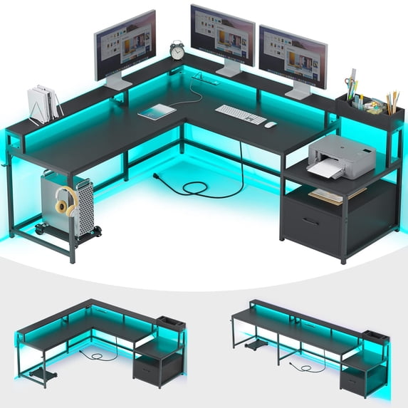 L Shaped Gaming Desk, Home Office Desk with File Drawer & Power Outlet, Gaming Desk with LED Lights, Corner Computer Desk, Black