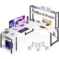 L Shaped Gaming Desk with Hutch & 2 Power Outlets & 2 LED Strips