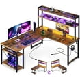 L Shaped Gaming Desk with Hutch & 2 Power Outlets & 2 LED Strips