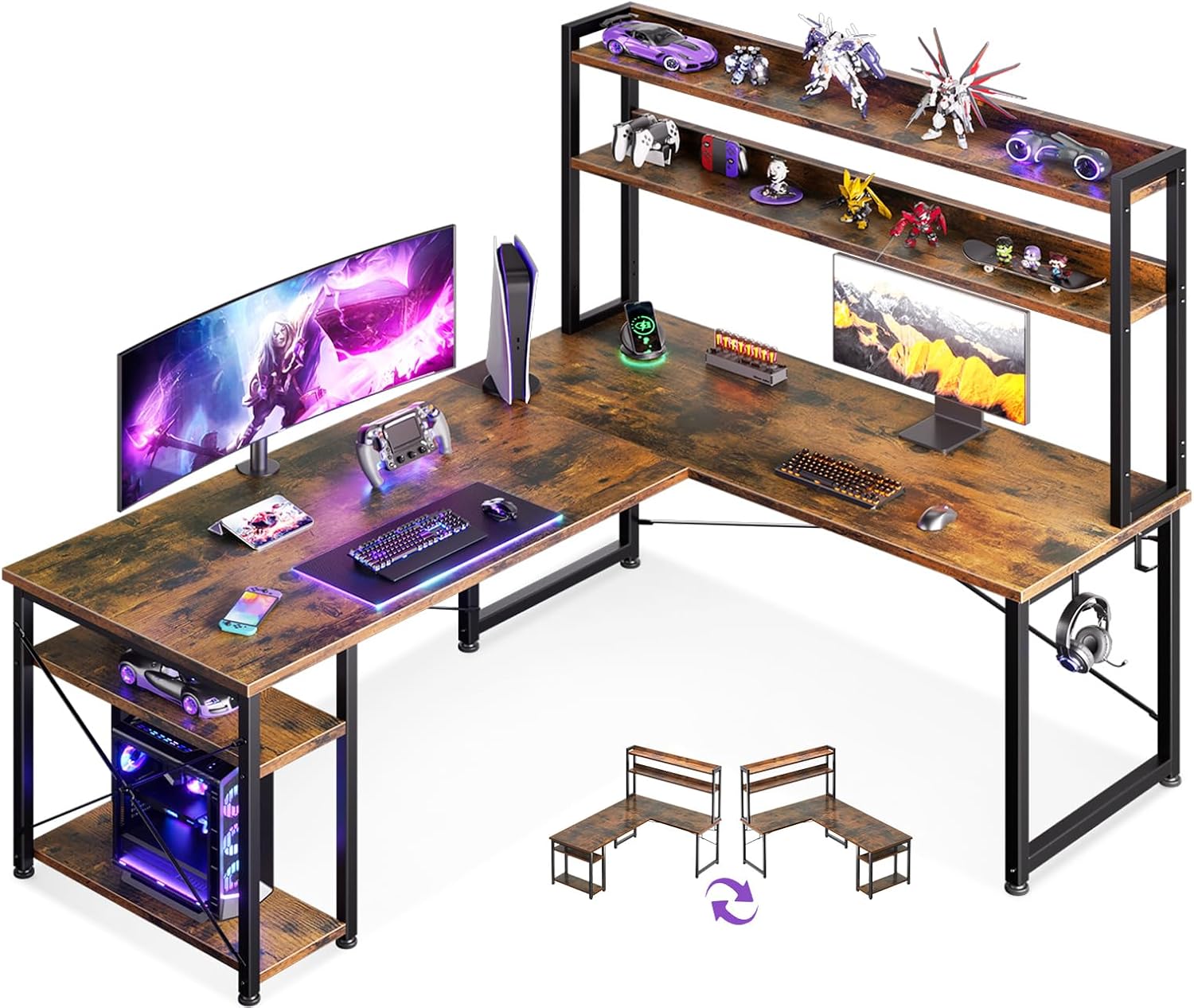 L Shaped Gaming Desk with Hutch & 2 Power Outlets & 2 LED Strips